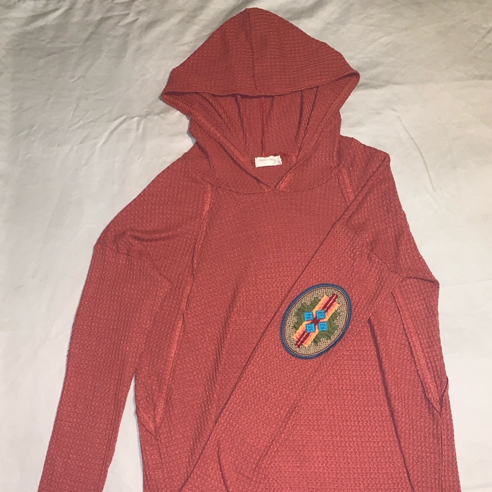 Hooded Boho knit light sweater w elbow patches